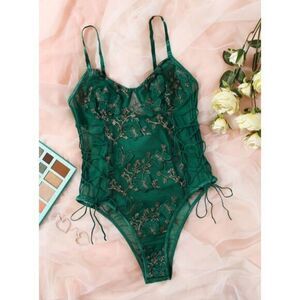 Dark Green Embroidered Mesh Lace-up Teddy Bodysuit LARGE